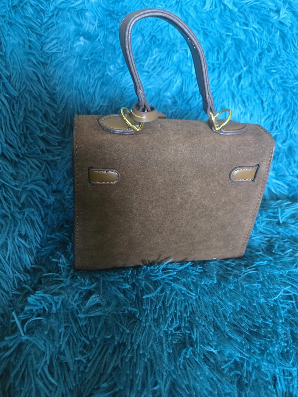 Brown Suede Top-Handle Satchel with Gold Hardware